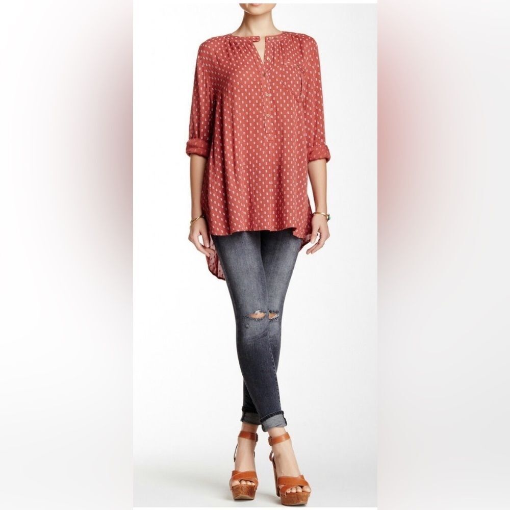 Free People print boyfriend blouse in Relaxed Rust Polka Dot High-Low tunic